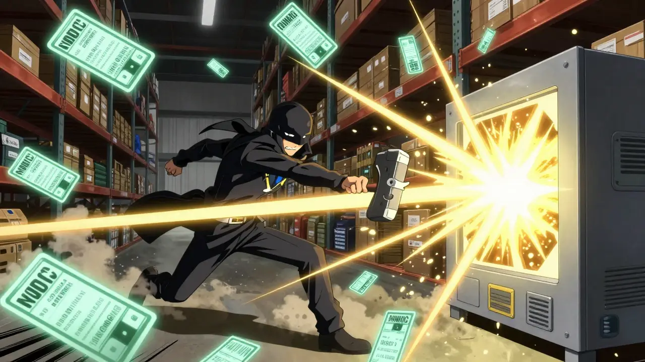 Glowing drug packages fly through a warehouse as a villain attacks a scanner, blocked by a beam of golden data light.
