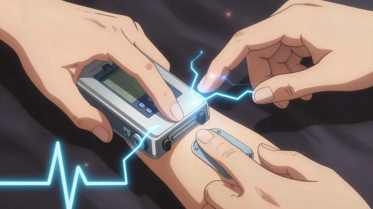 Hands using handheld medical scanner with electric energy