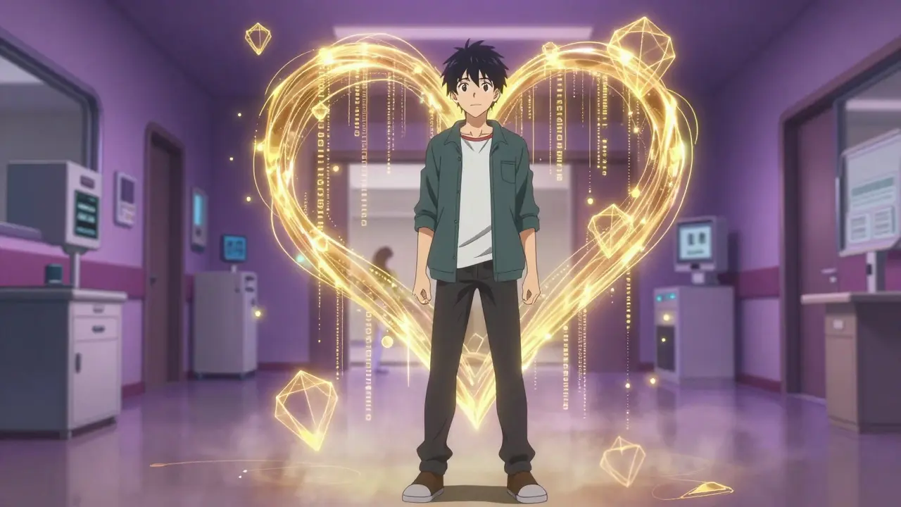 Protagonist surrounded by protective golden data barrier