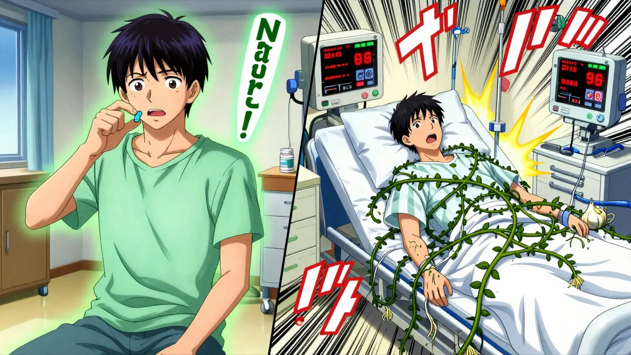 Split scene: person taking herbs at home vs. emergency room with herbal vines entangling them.