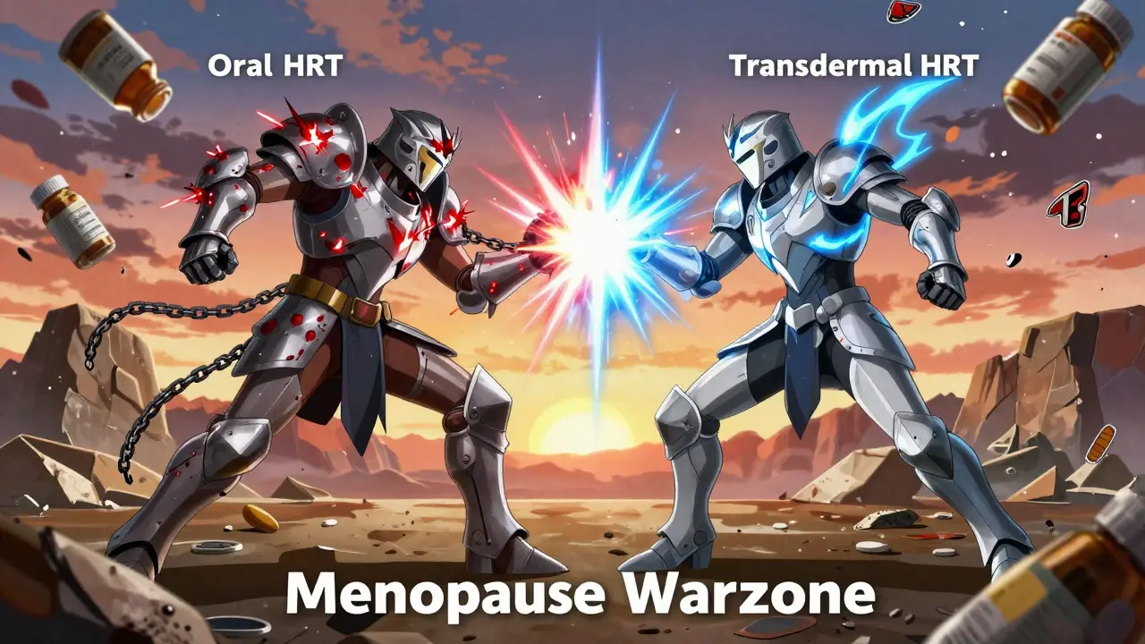 Two warriors battling as oral vs transdermal HRT on a menopause-themed battlefield in shounen anime style.