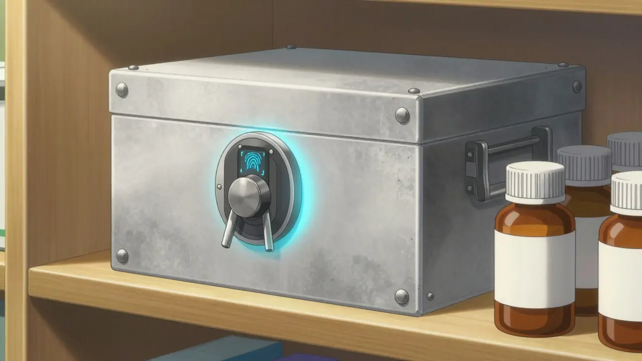 A biometric steel lockbox and medication bottles on a high shelf