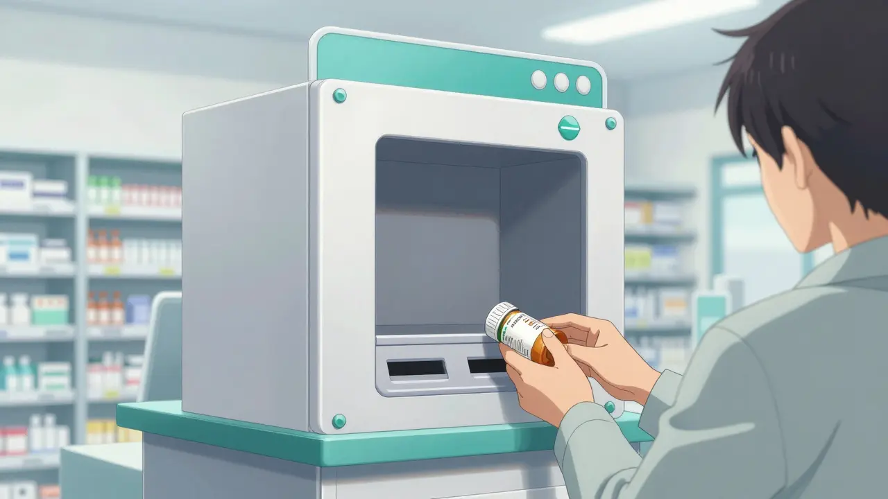 A person disposing of old medication in a pharmacy drop-off kiosk