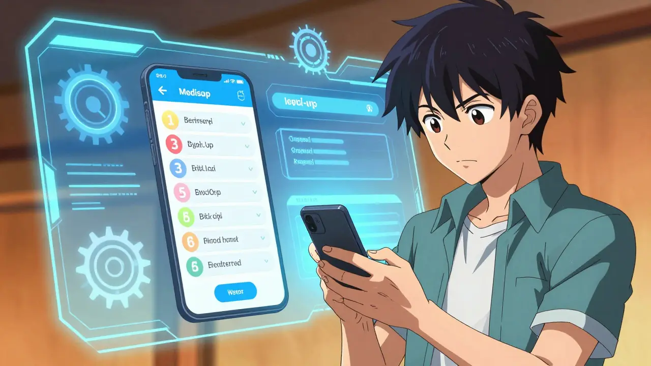 Anime character looking at a digital medication tracking interface on their phone.