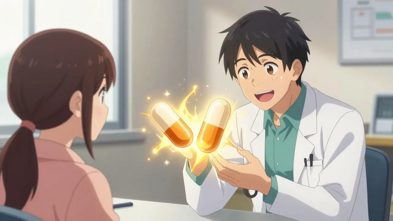 Anime doctor and patient discussing generic drug equivalence with glowing symbols.