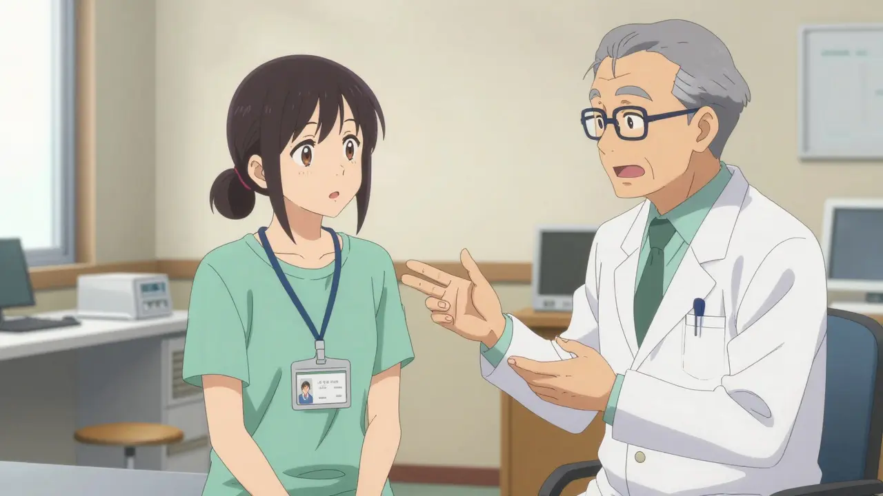 Anime patient wearing a medical ID card while consulting with a doctor