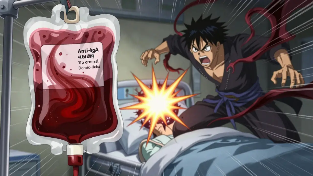 Anime scene of a violent immune reaction during a blood transfusion