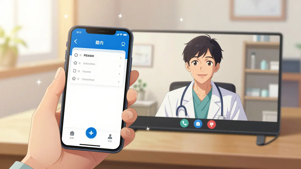 Anime split-screen of a person using a telemedicine app to talk to a doctor