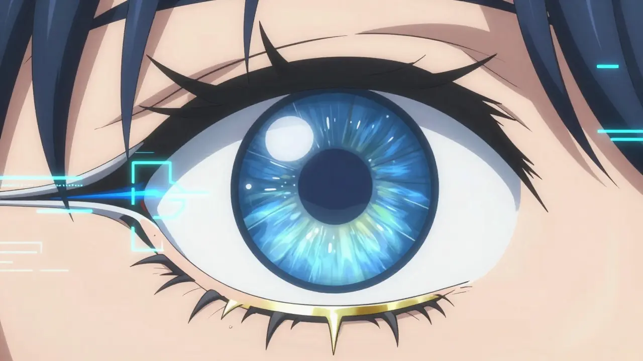 Anime style anatomical cross-section of an eye showing fluid blockage in the drainage angle