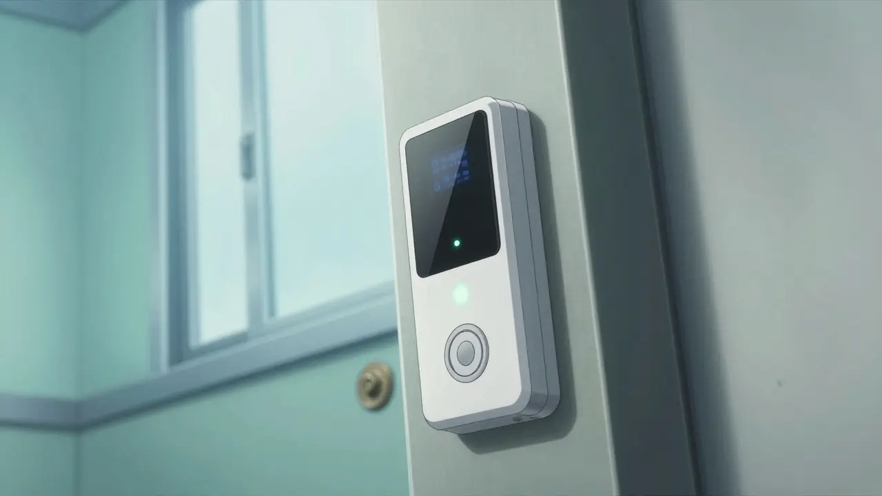 Anime style close-up of a bedroom door equipped with an electronic safety alarm