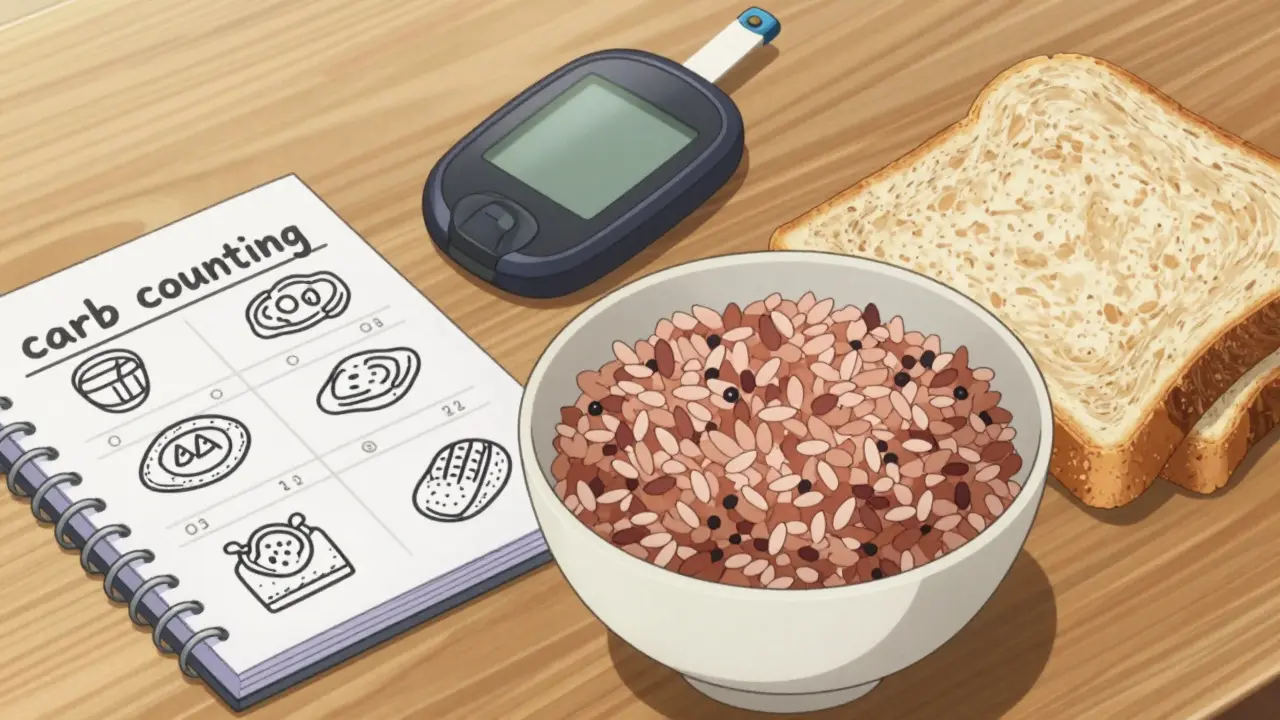 Anime style close-up of whole grain foods and a glucose monitor for carb tracking.
