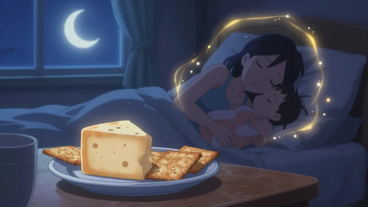 Anime style evening snack of cheese and crackers by a bedside table under moonlight.