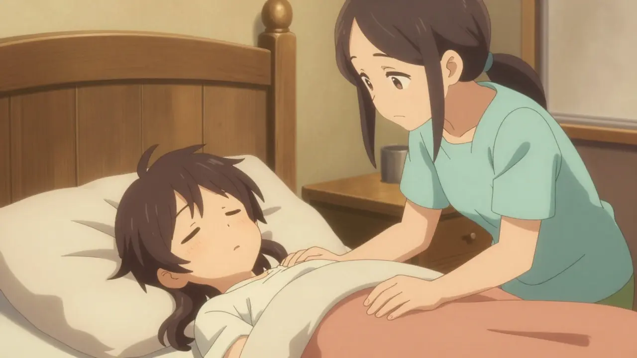 Anime style scene of a person gently guiding a sleepwalker back to bed