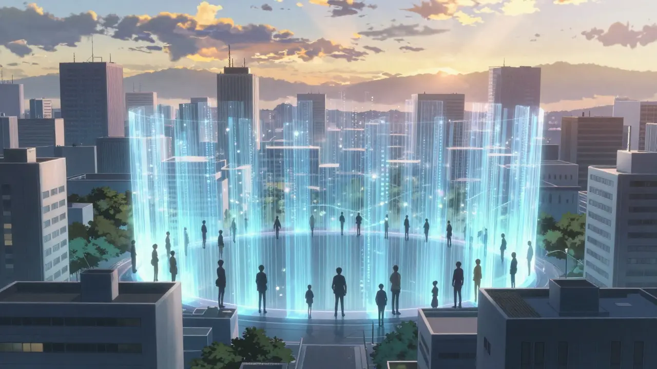 City at sunrise protected by glowing energy data shield