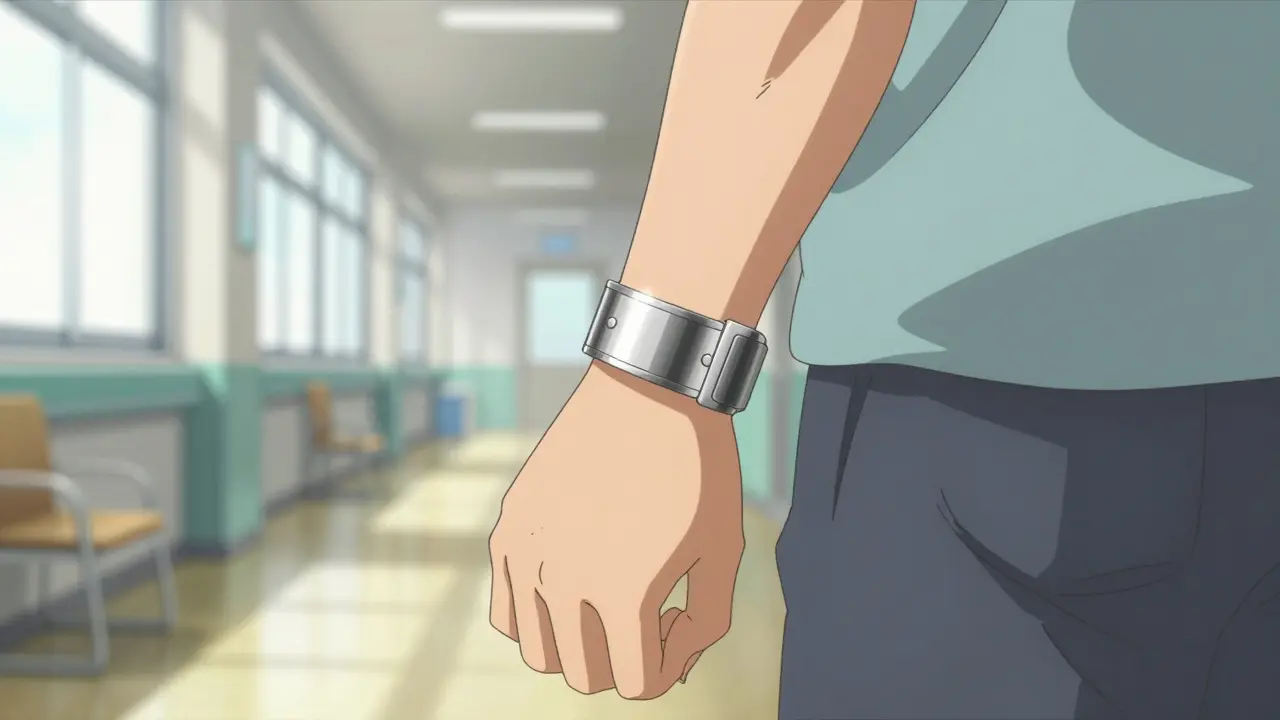 Close-up of a medical alert bracelet on a person's wrist in a bright hospital