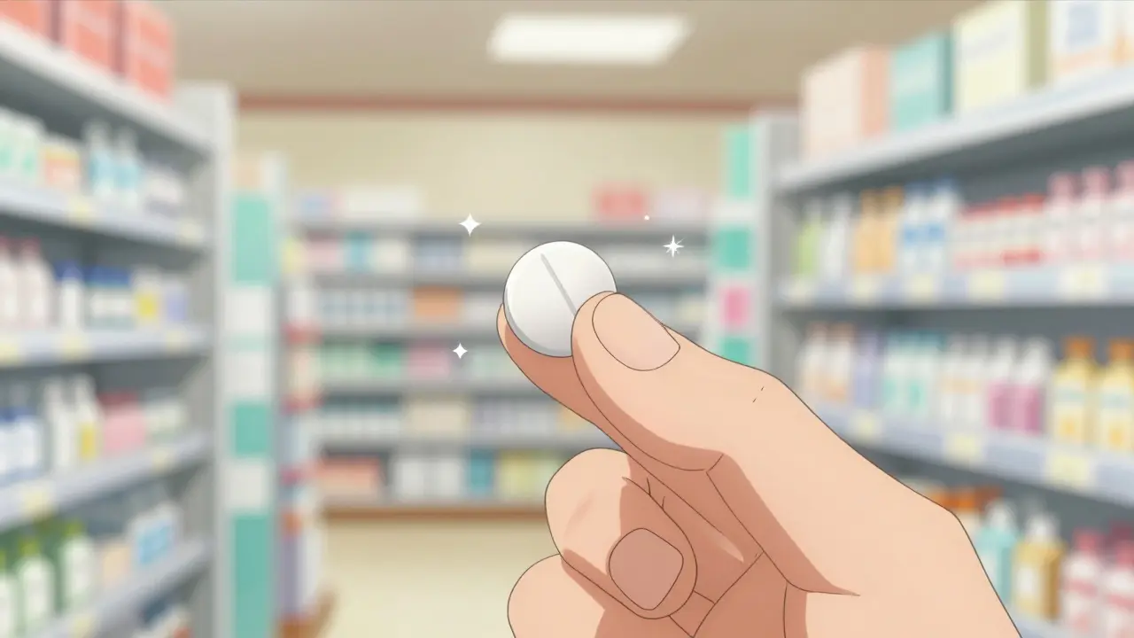 Close-up of an anime hand holding a small white dissolving tablet