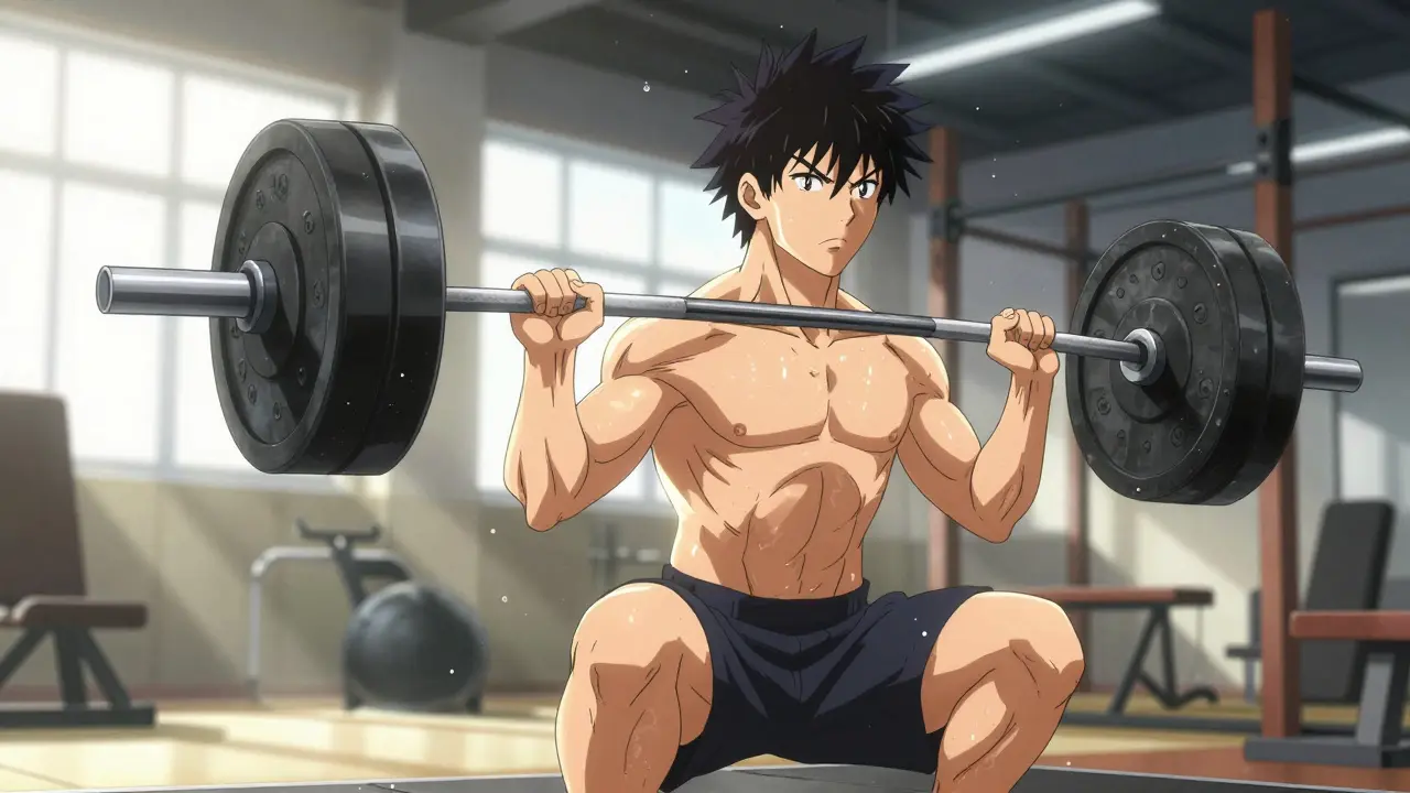 Determined anime protagonist lifting weights with a glowing aura around their muscles.