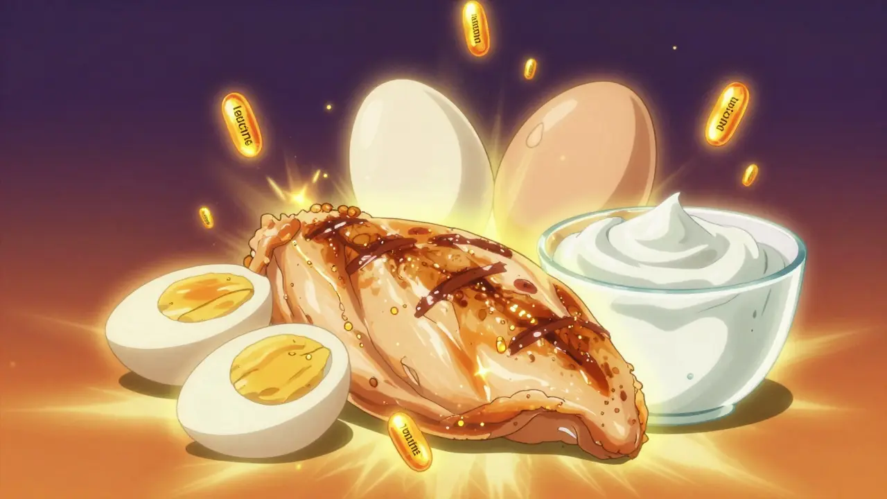 Glowing high-protein foods like chicken and eggs with golden energy sparks in anime style.