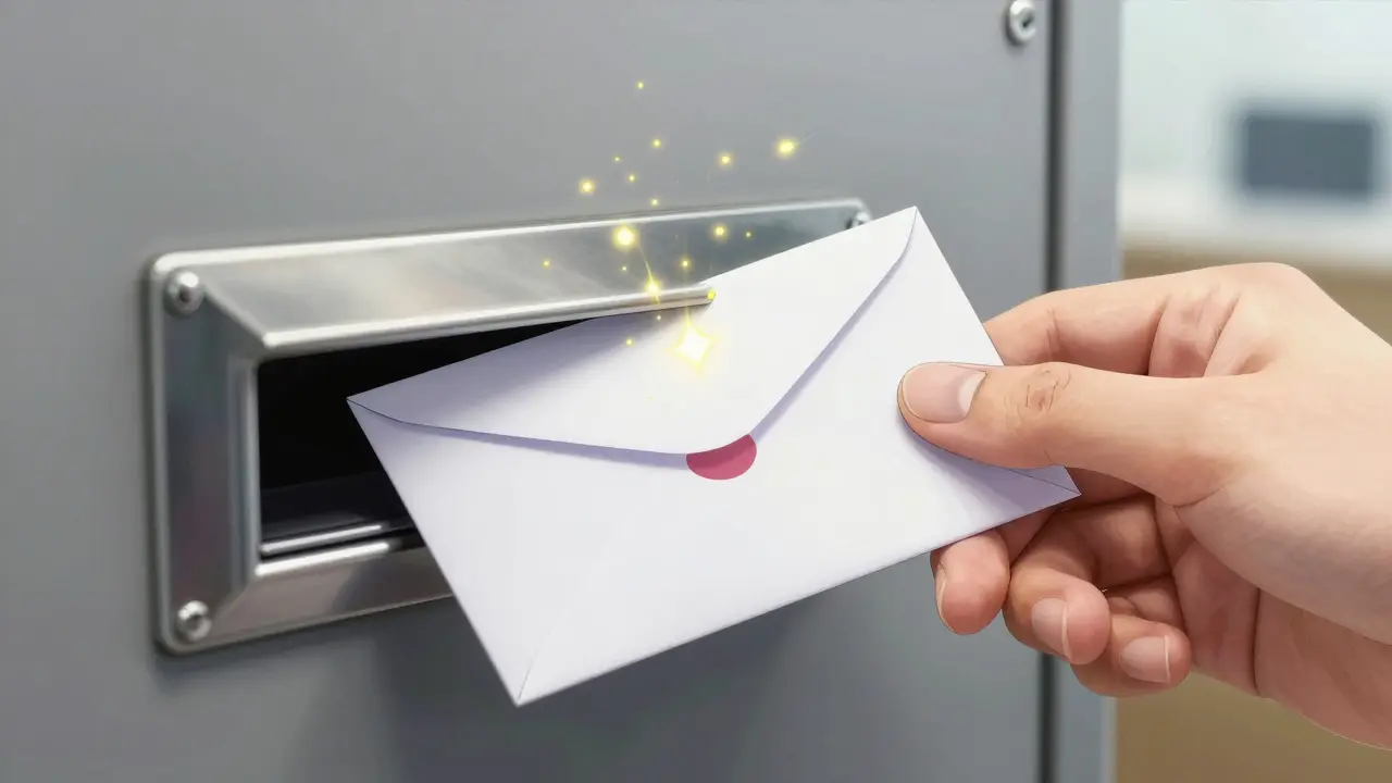 Hand sliding envelope into metal drop box with sparkles