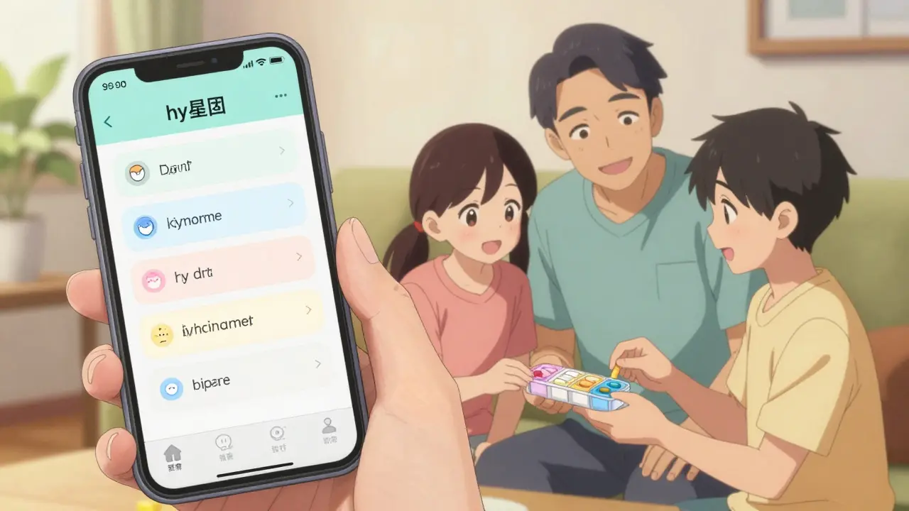 Split screen showing a phone reminder and a family member helping with a pill organizer.