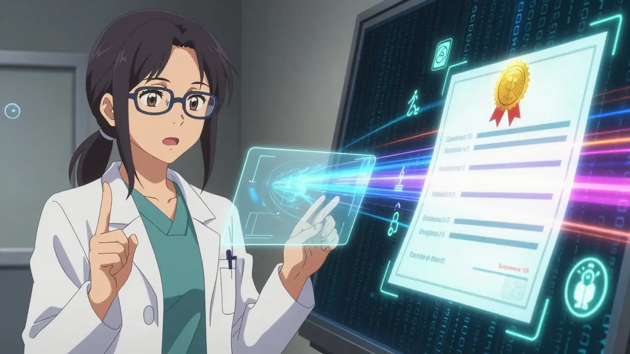 Split screen showing an anime doctor and a digital prescription being transmitted