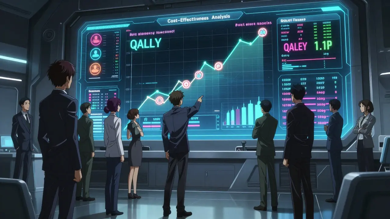 Anime analysts viewing holographic health economics data in a futuristic lab.