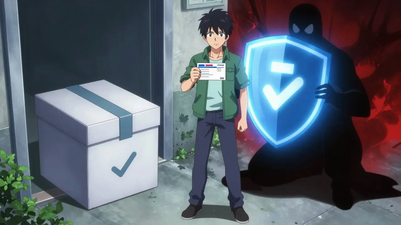 Anime character choosing safe pharmacy over shady online scam