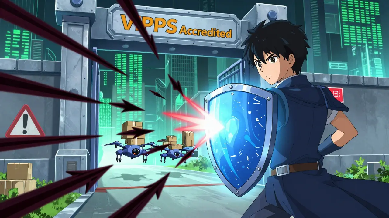 Anime hero guarding a VIPPS accredited digital gate against counterfeit pill threats