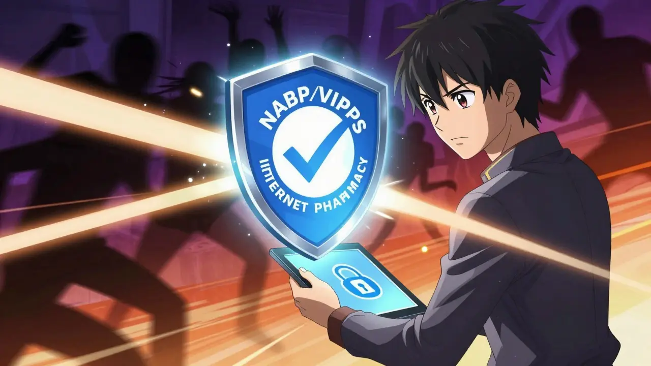 Anime hero protecting against online pharmacy scams
