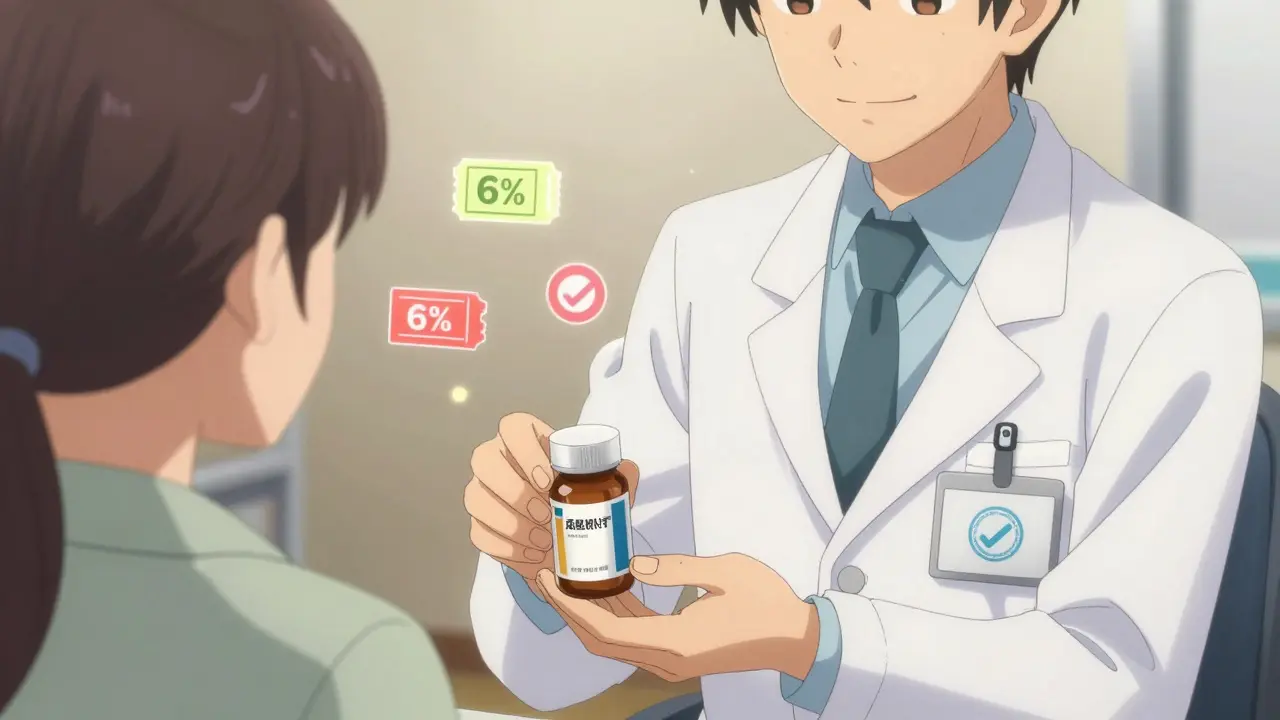Anime pharmacist handing generic meds to patient with discount symbols in background