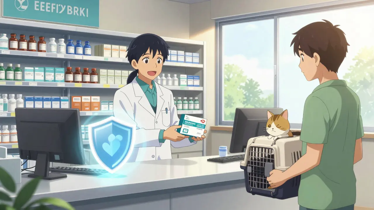Anime pharmacist handing medicine to a pet owner in a bright, safe veterinary pharmacy.