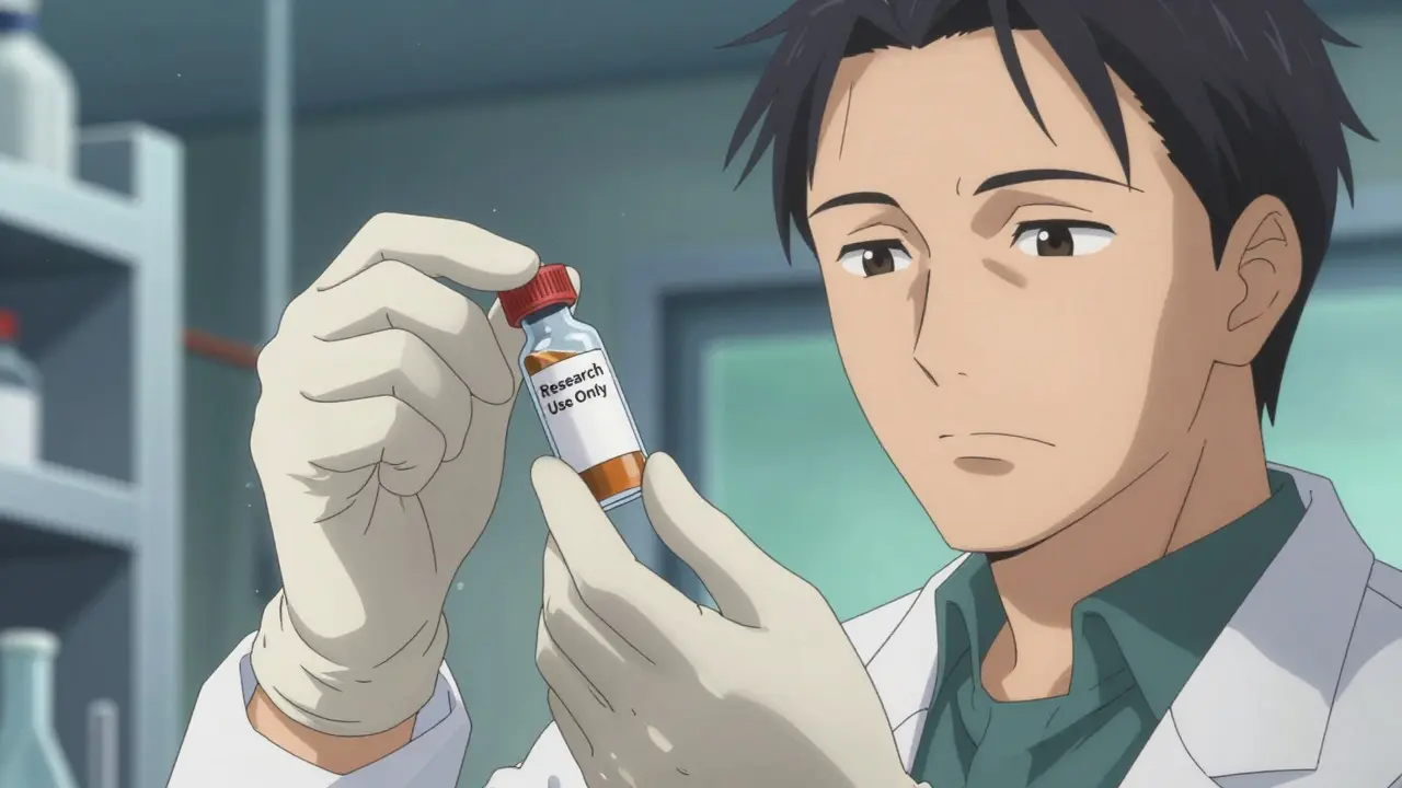 Anime researcher in gloves handling a chemical vial in a high-tech lab with focus on safety.
