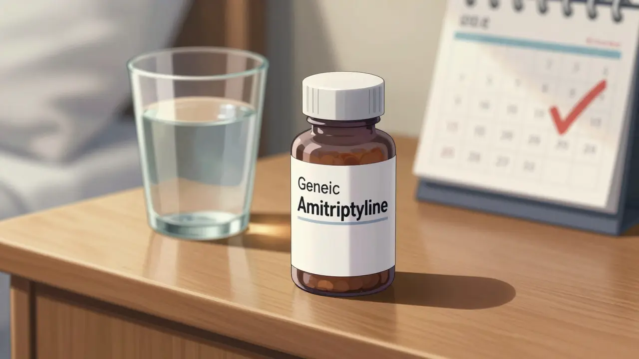 Close-up of a generic amitriptyline pill bottle on a sunny windowsill