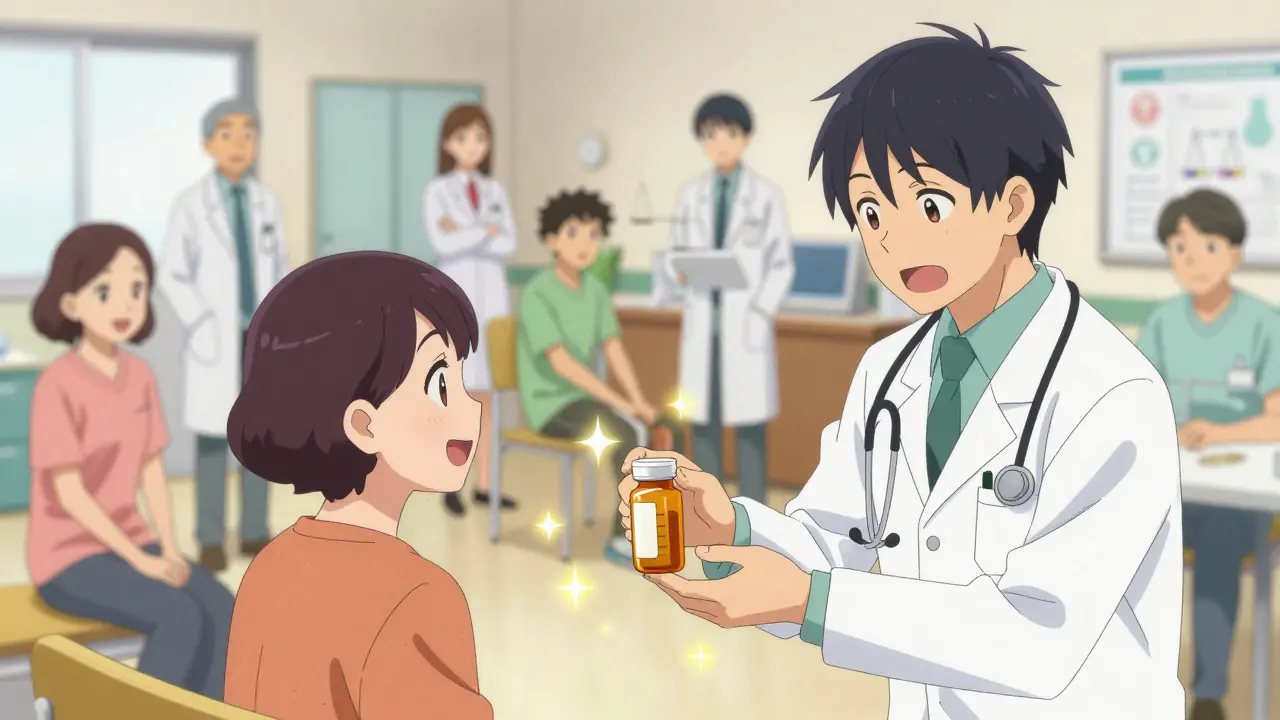 Doctor handing generic medicine to a happy patient in a bright clinic setting.