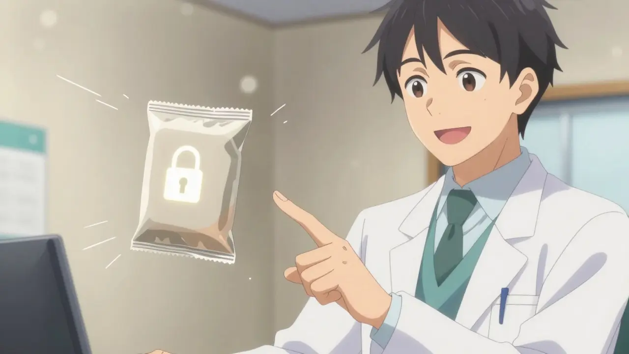Friendly pharmacist presenting secure, discreet medication package