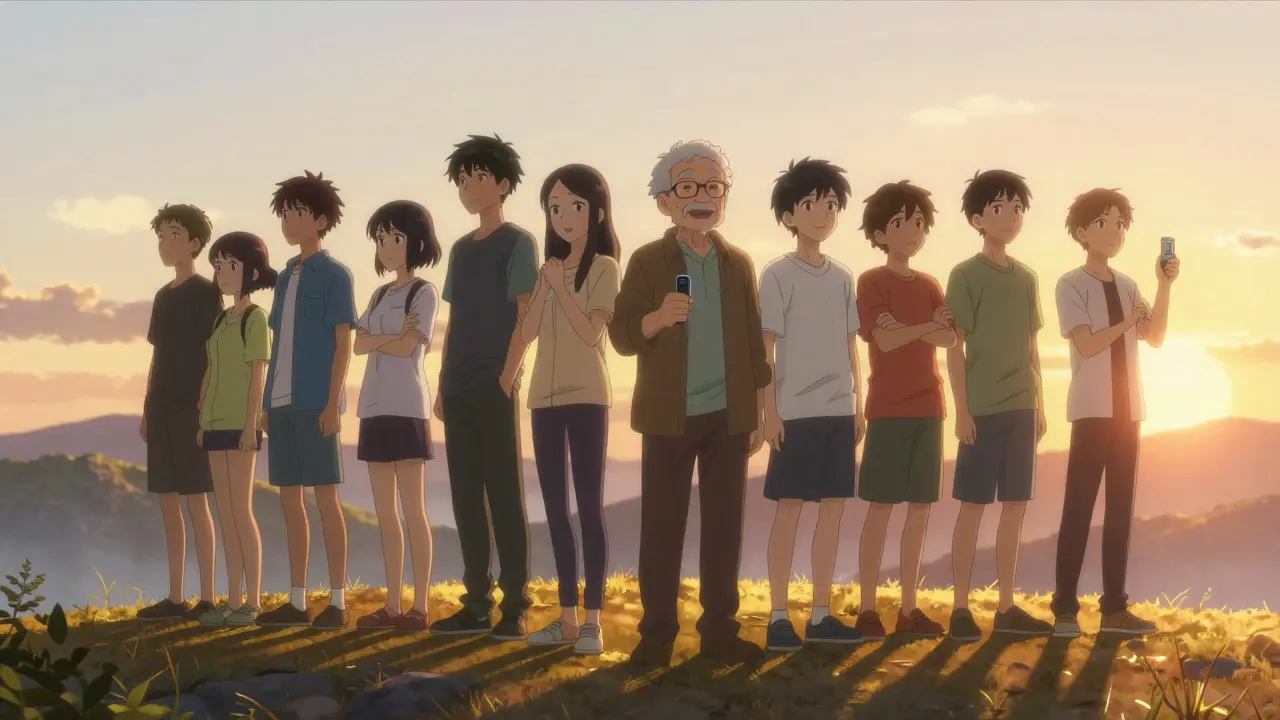 Group of people enjoying a sunrise, symbolizing balanced health goals.