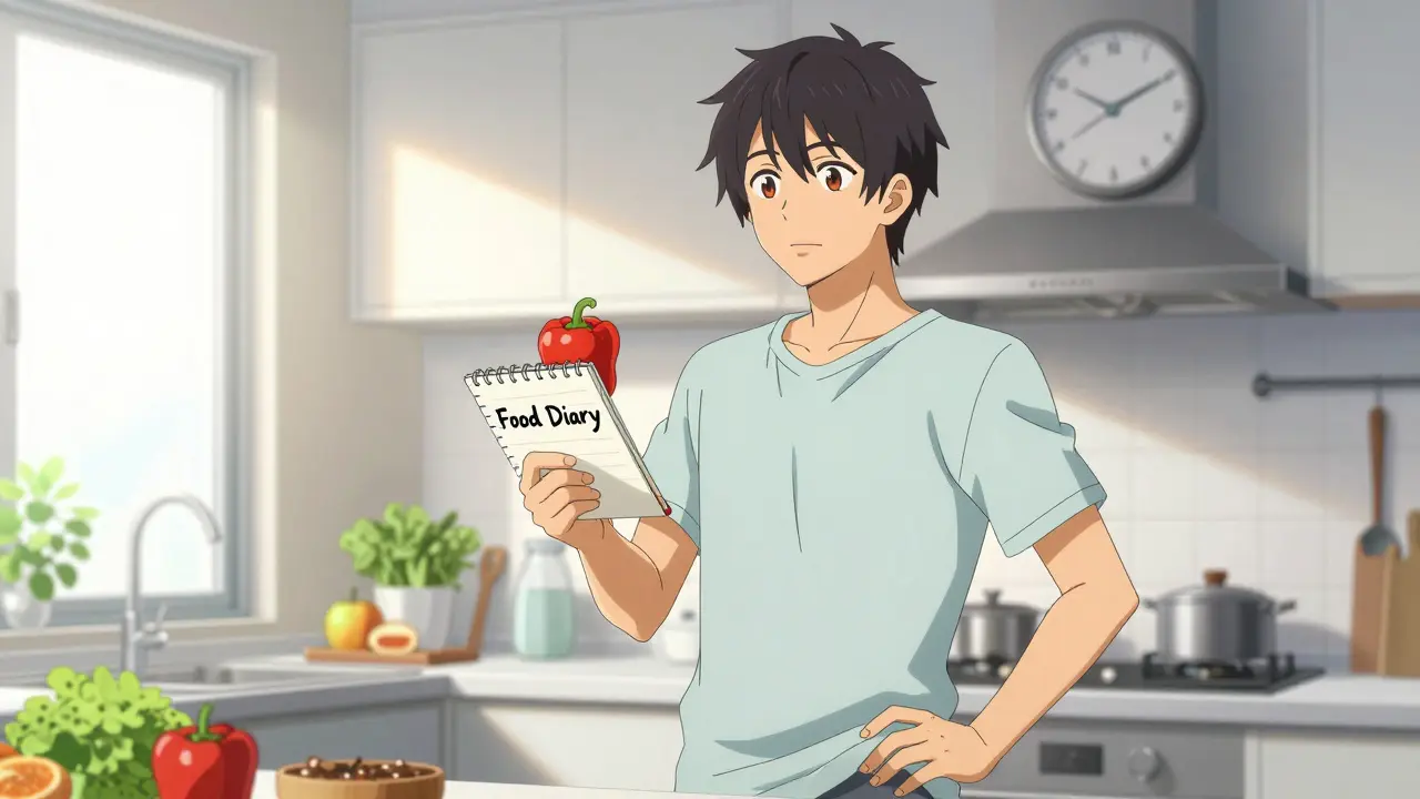 Heroic anime figure tracking food triggers and timing medication to manage heartburn effectively.