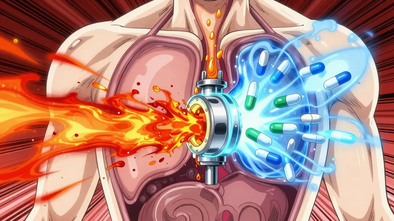 Manga-style diagram showing spicy food and meds relaxing the esophageal valve, causing acid reflux.