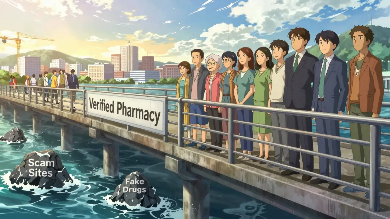 Patients standing safely on a bridge away from scam risks