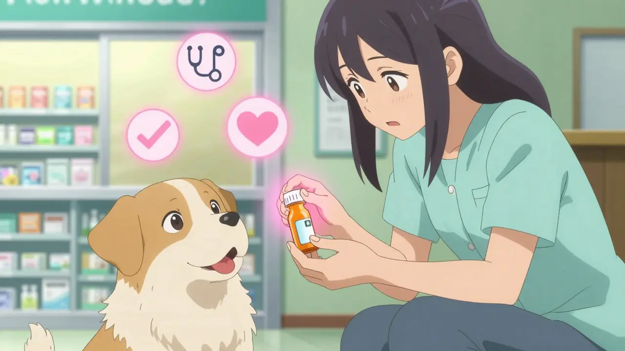 Pet owner giving medicine to a happy dog in anime style