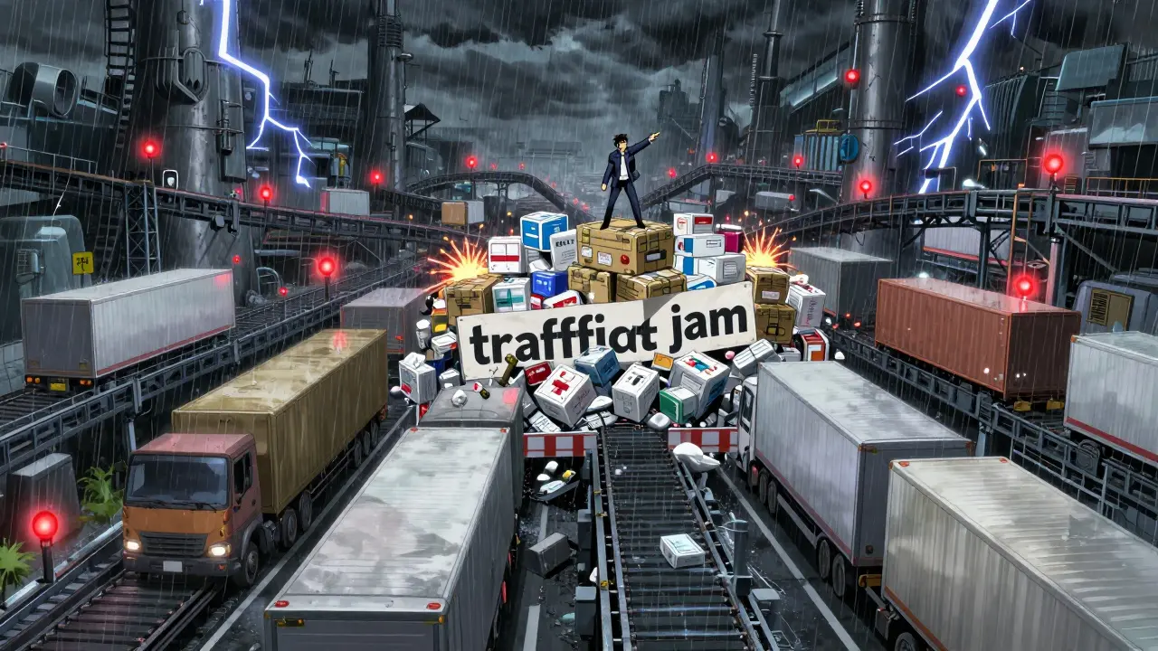 Shounen anime scene of a massive industrial supply chain traffic jam