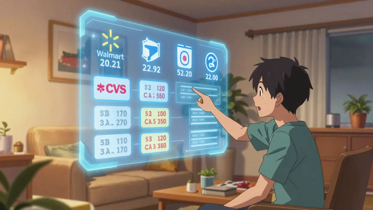 Anime character analyzing online pharmacy prices on a holographic screen