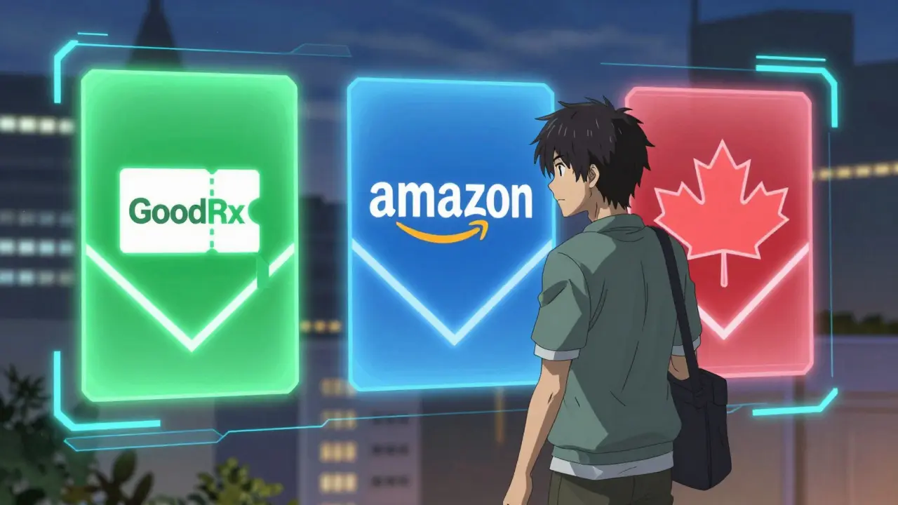Anime character comparing online pharmacy prices via holographic interfaces