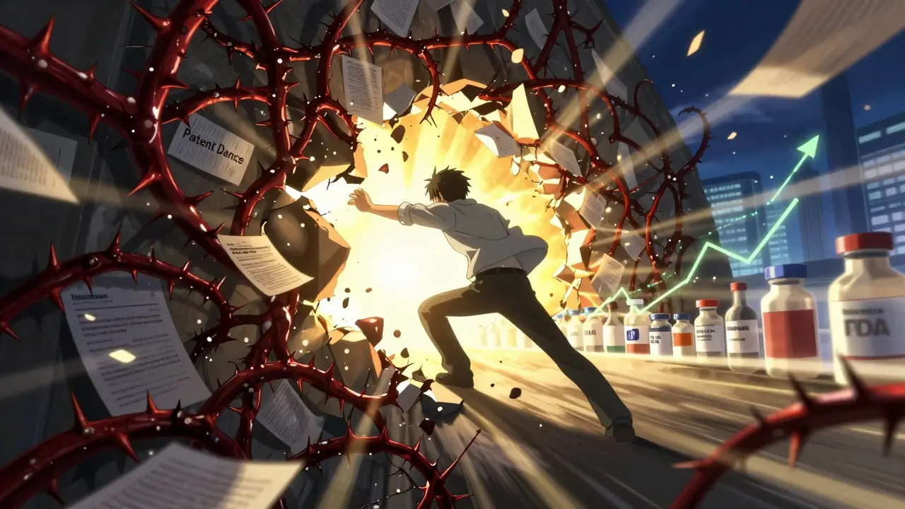 Anime character smashing through patent thorns to reveal new US biosimilar opportunities.