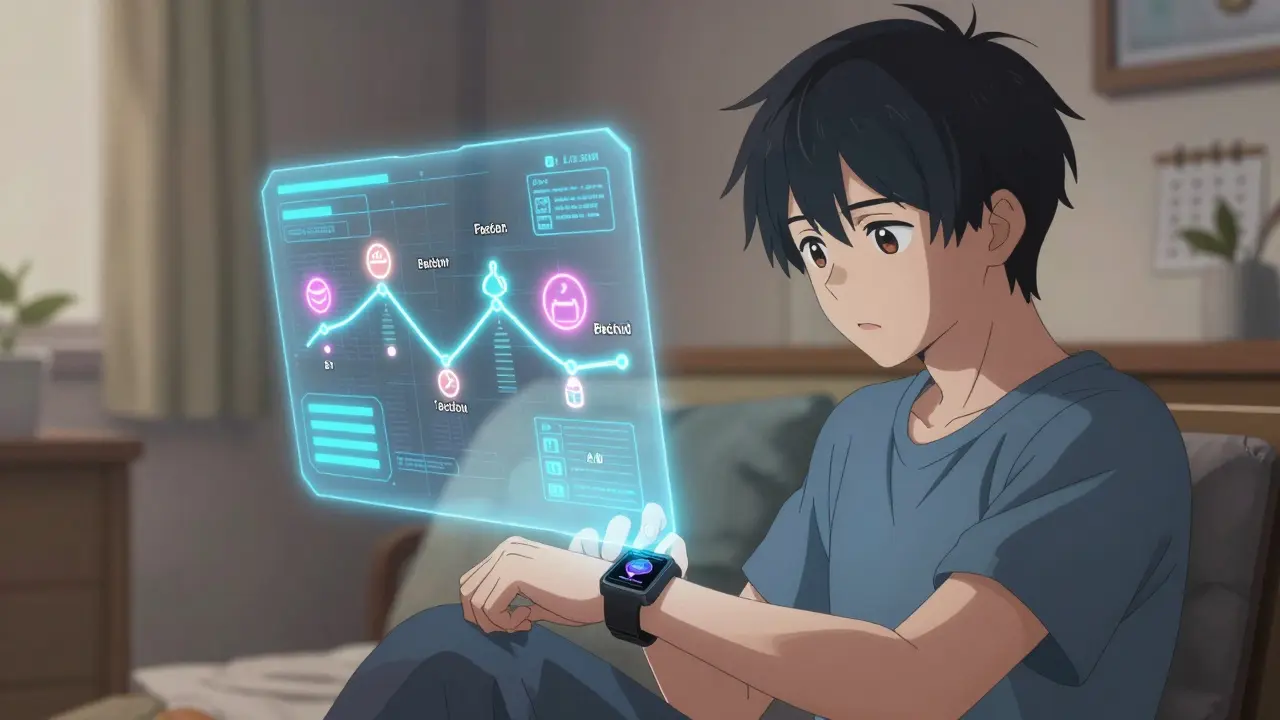 Anime character using smartwatch to track medication schedule