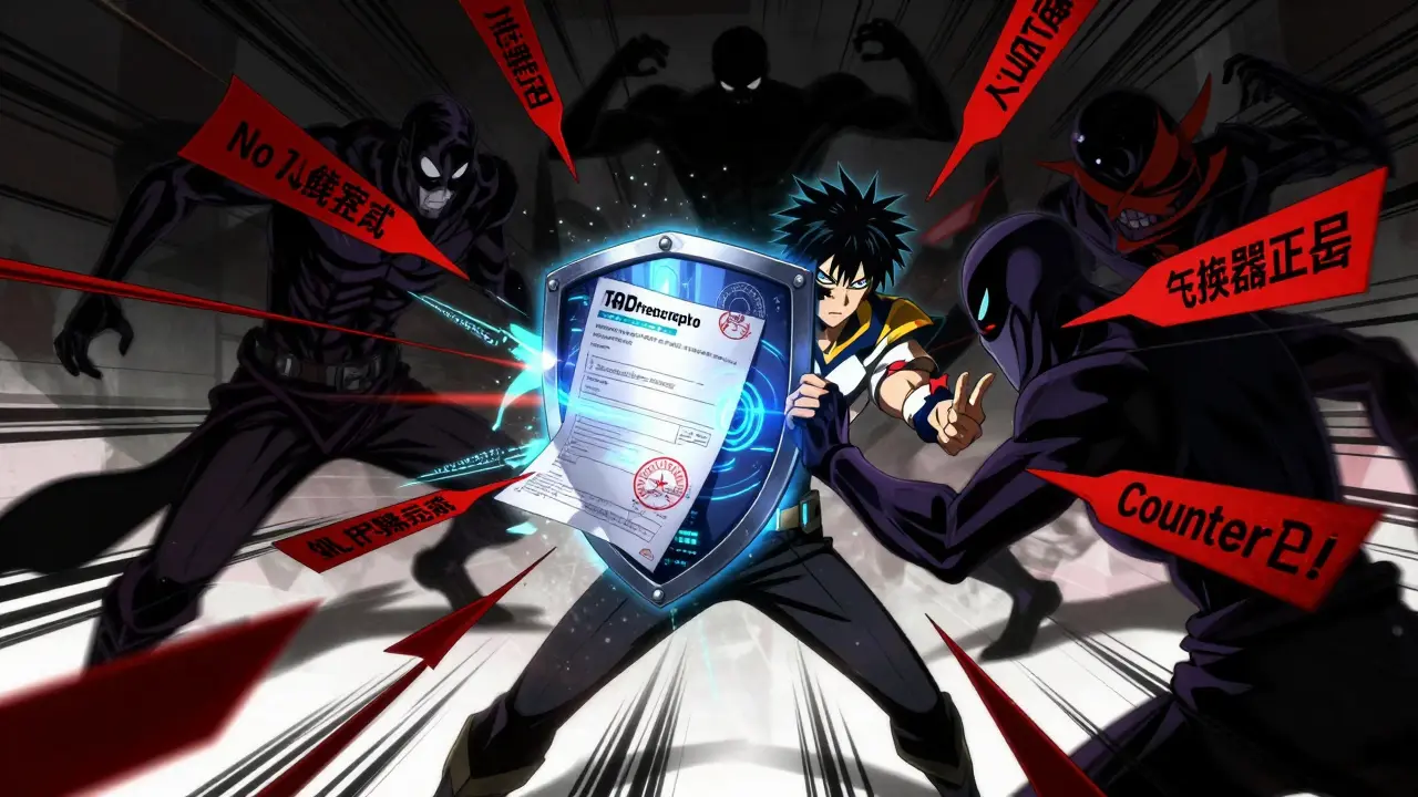 Anime characters fighting shadowy villains representing fake online pharmacies