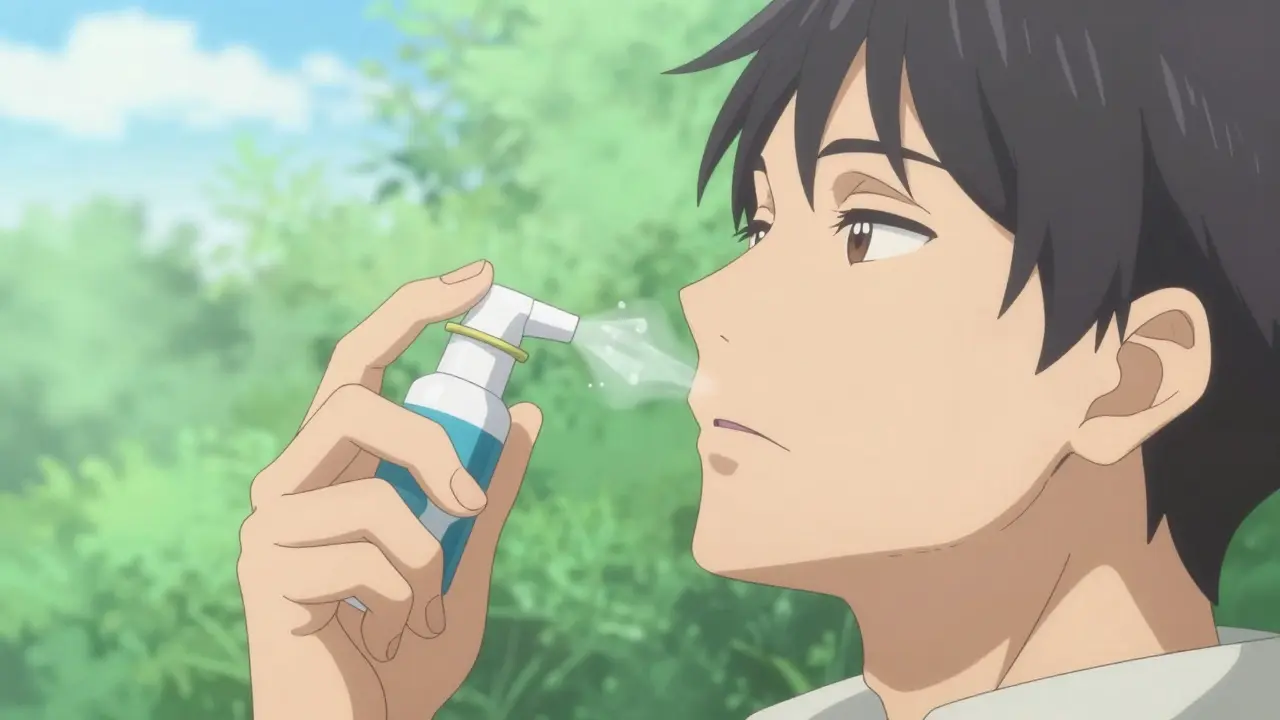 Anime close-up of person using nasal spray correctly for clear breathing