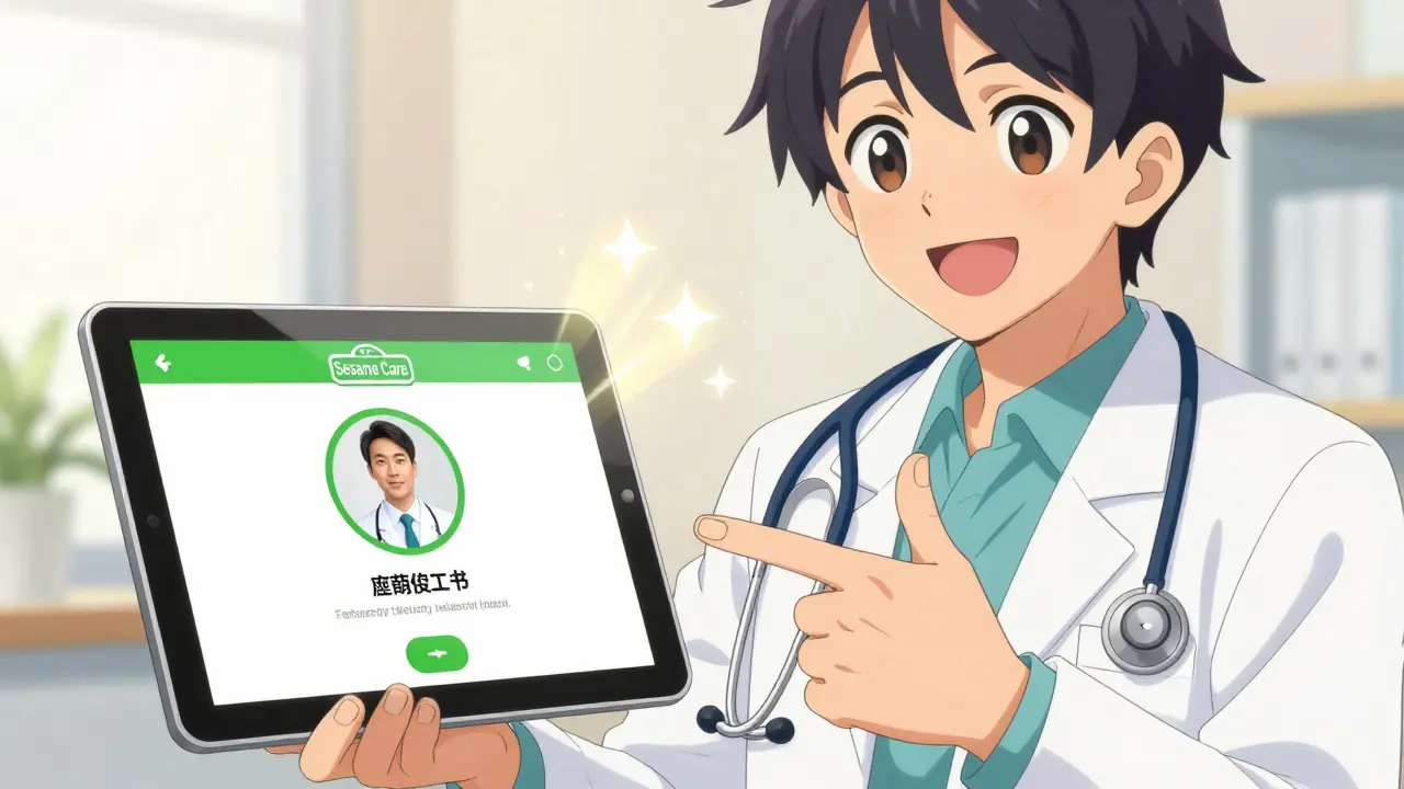 Anime doctor giving thumbs up next to a telehealth consultation screen