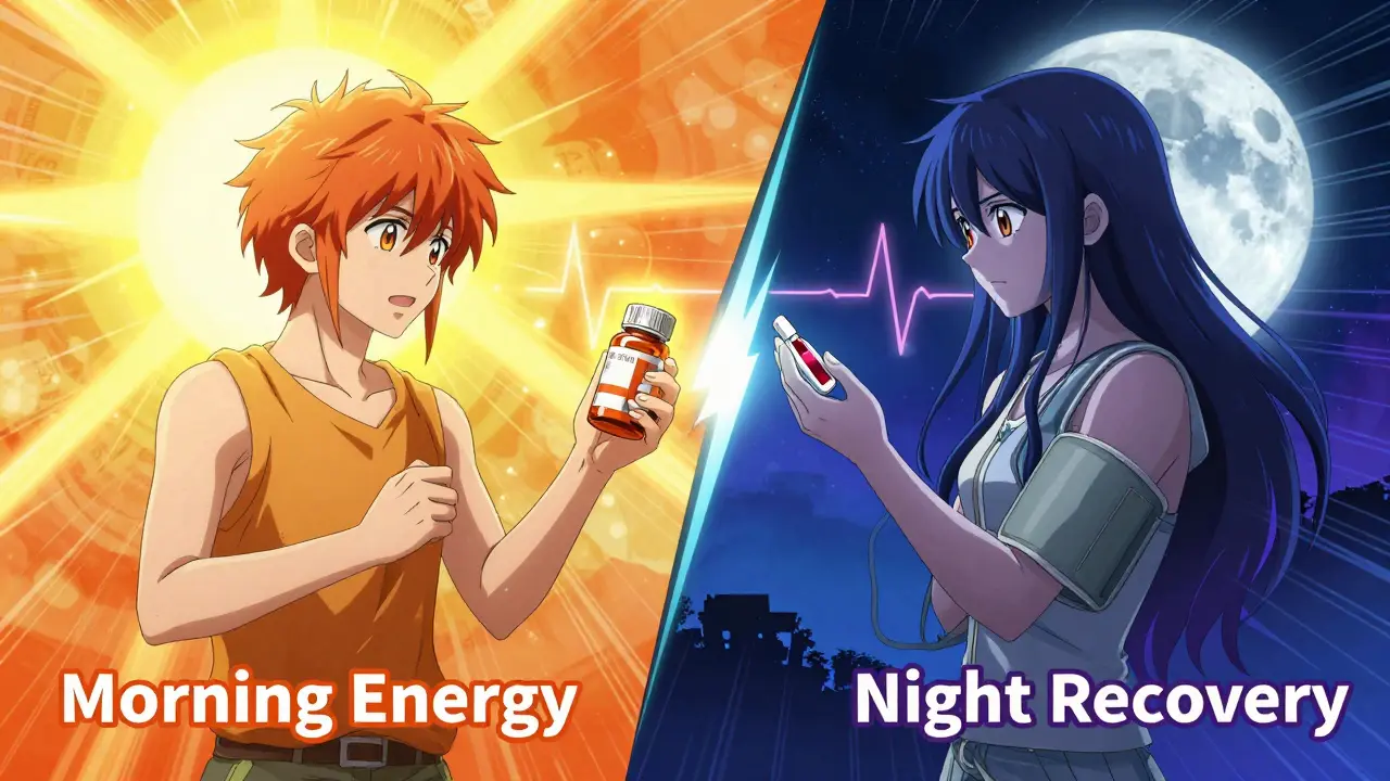 Anime figures representing morning and night medication timing clash