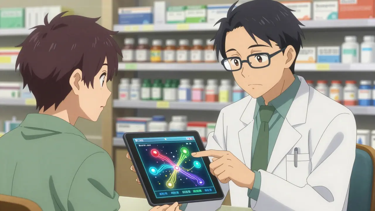 Anime pharmacist and patient reviewing medication interactions on a glowing digital tablet.
